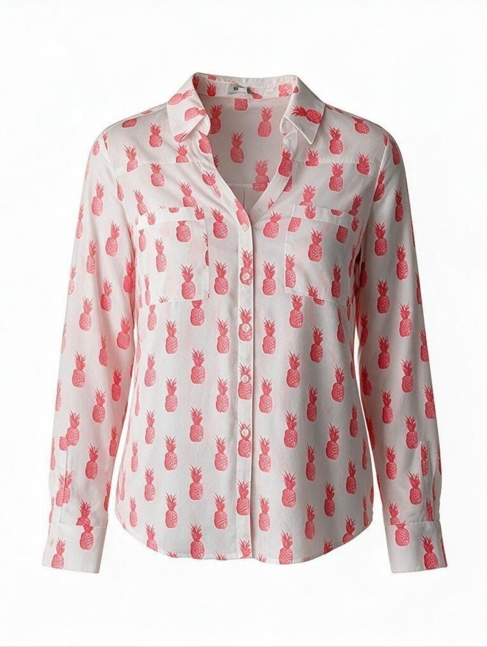 Express Women's M White/Pink Pineapple Tropical Button-Up Collared Long Sleeve